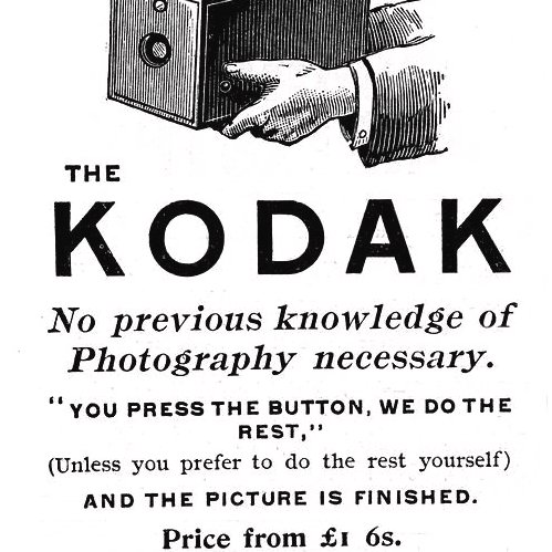 A vintage Kodak advertisement showing a hand pressing a camera button above the promise “You press the button, we do the rest.”